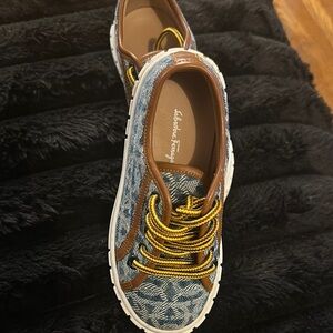 Salvatore Ferragamo Denim and Brown Sneakers